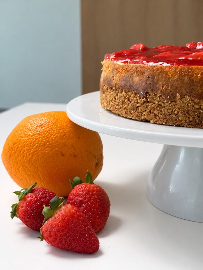 Strawberry citrus cheesecake displayed with fresh strawberries and a whole orange.