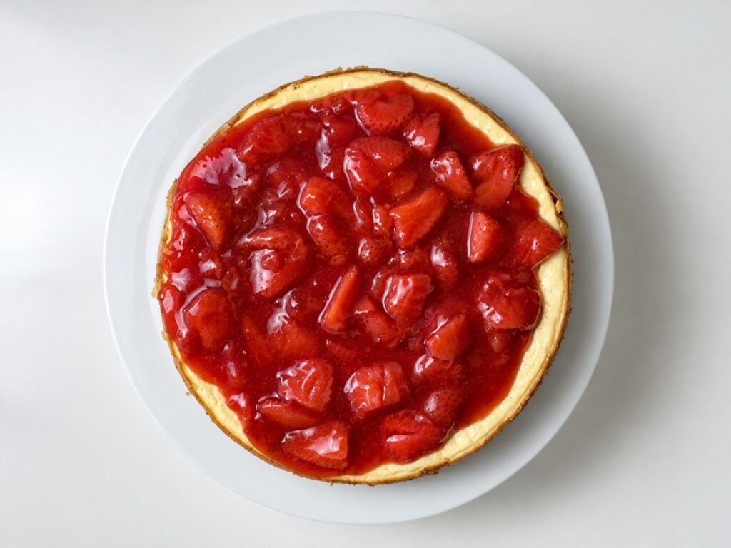 Overhead view of a whole strawberry citrus cheesecake covered with glossy strawberry compote.