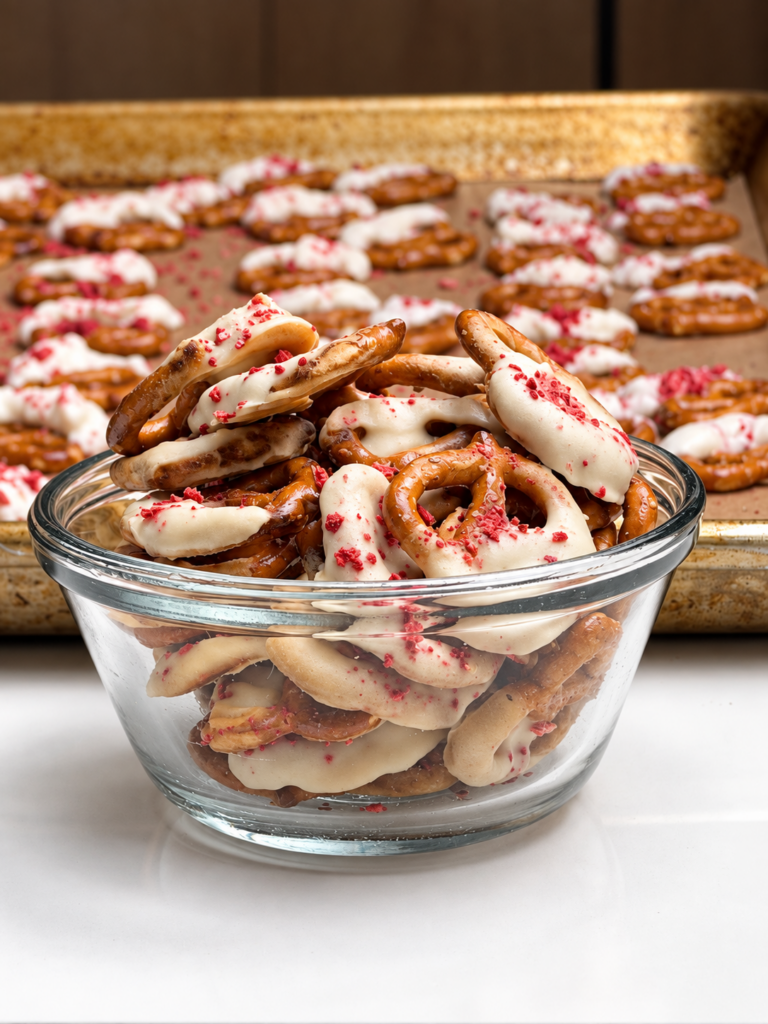 Glass bowl filled with strawberry yogurt-covered protein pretzels in front of a baking tray