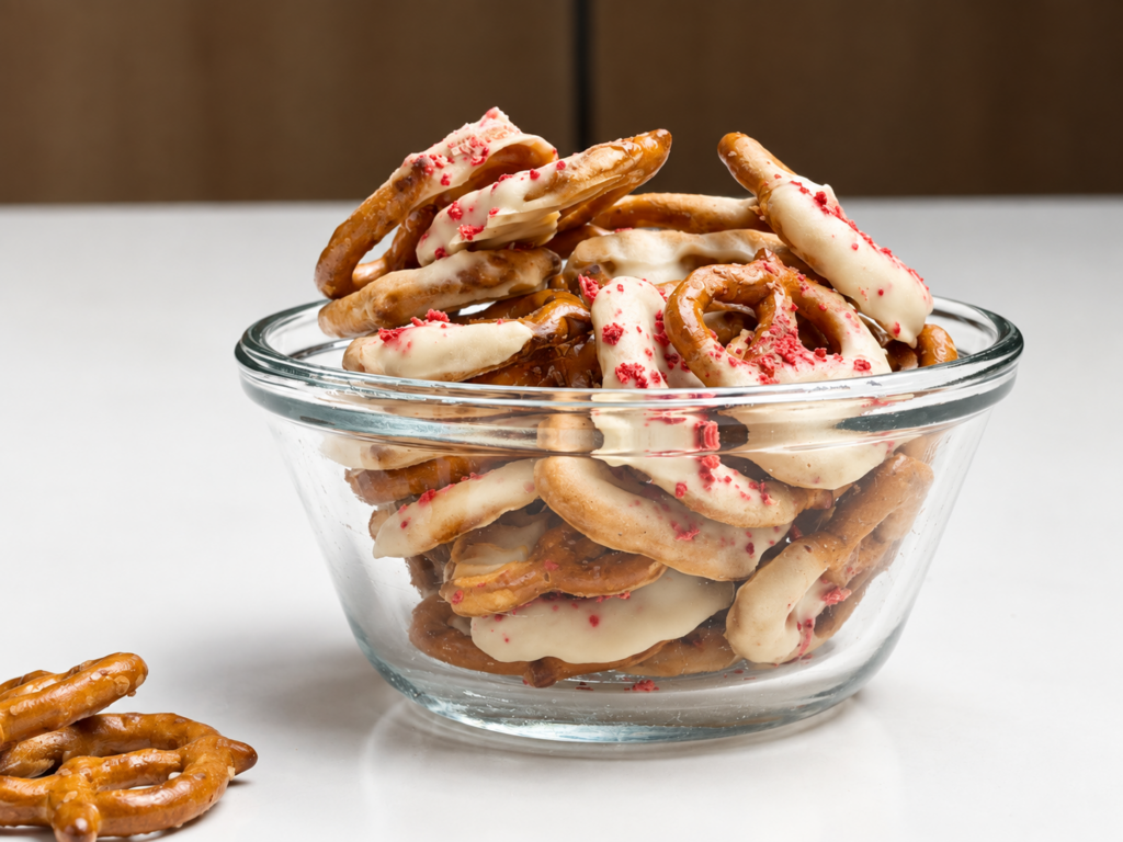Landscape view of strawberry yogurt-covered protein pretzels piled in a clear glass bowl
