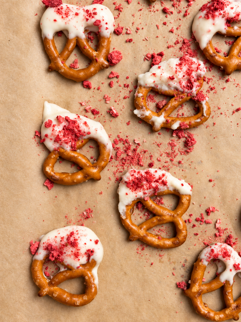 Close overhead view of pretzels coated with vanilla yogurt protein coating and crushed strawberries