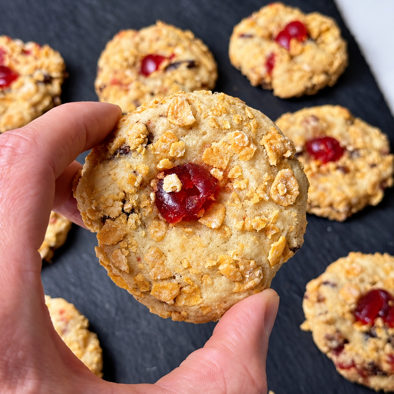 Hand holding a vintage Cherry Winks cookie coated in crushed corn flakes with a red candied cherry center.