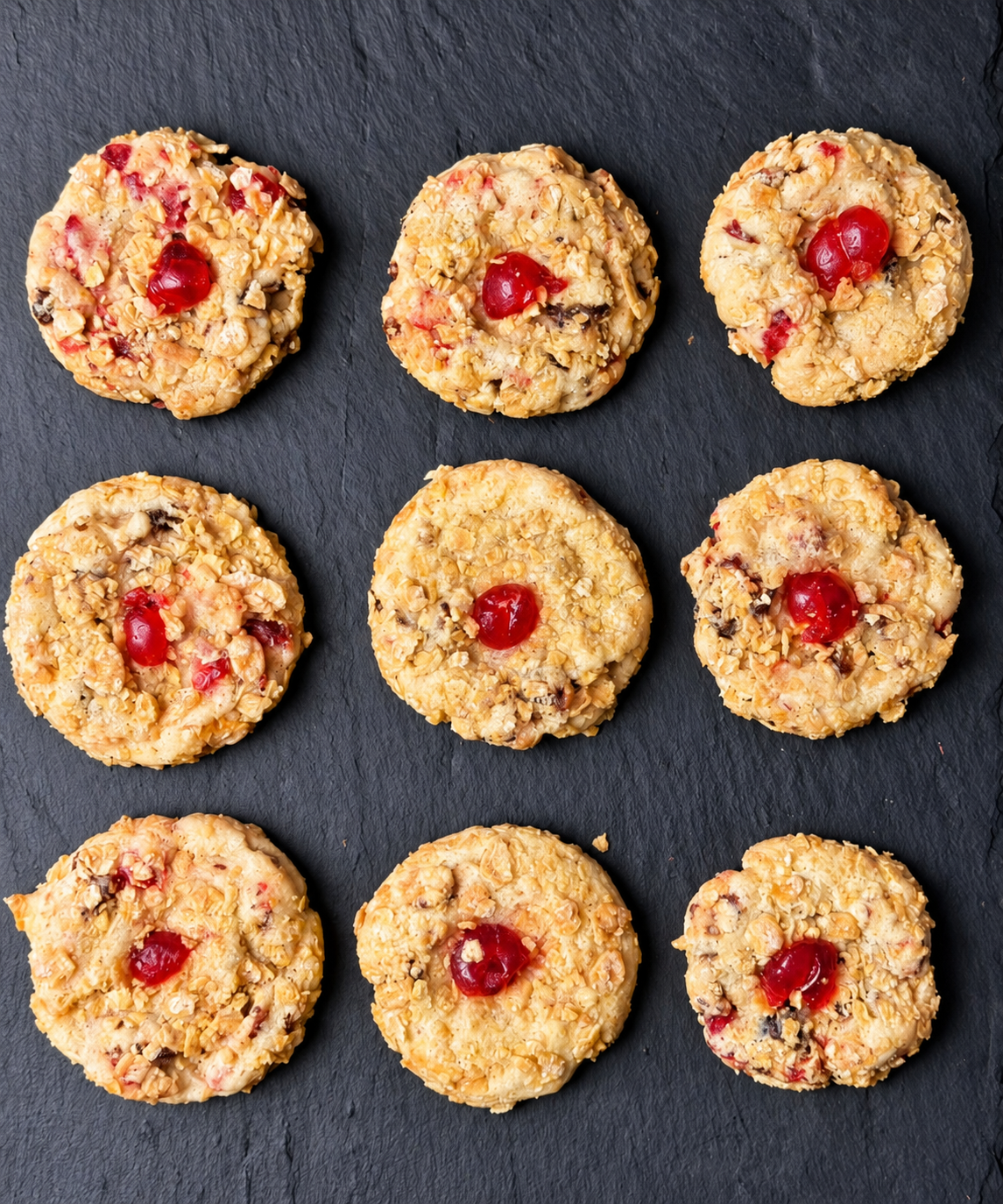 Nine vintage Cherry Winks cookies with red candied cherry centers arranged on a dark slate board.