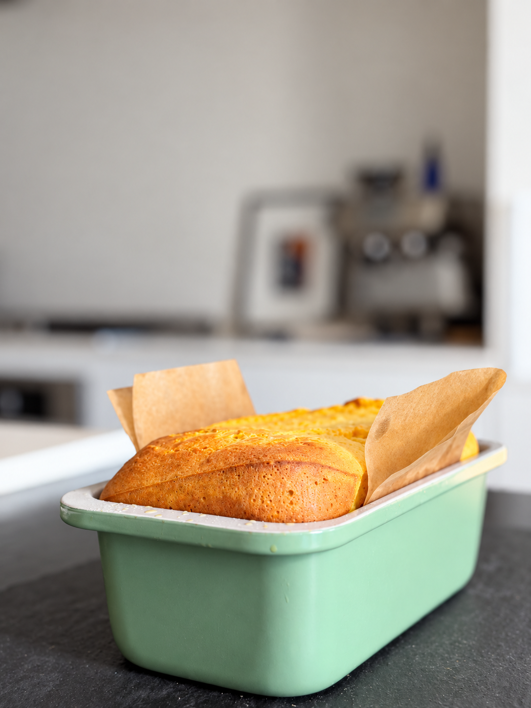 Freshly baked whole orange blender cake in a parchment-lined loaf pan
