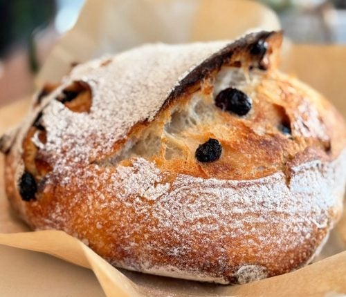 Freshly baked orange cranberry sourdough bread with golden crust, studded with dried cranberries and orange zest.