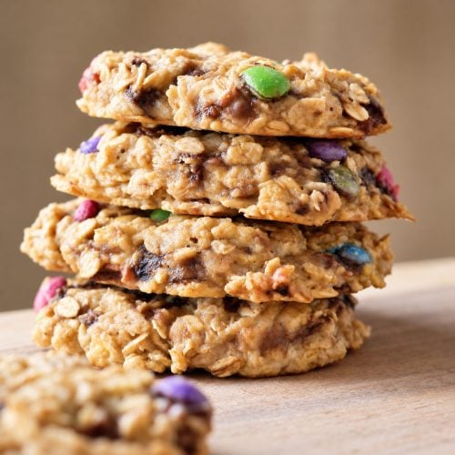 Stack of banana oatmeal M&M breakfast cookies