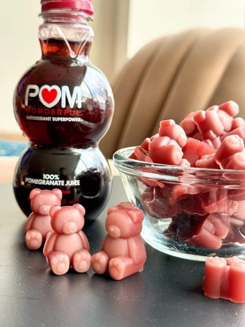 Close up of pomegranate creatine gummy bears showing texture