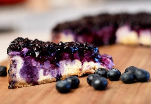 close up Blueberry Keto Cheesecake on Platter