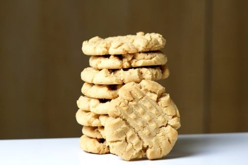 close up of stack of stack of old fashioned peanut butter cookies