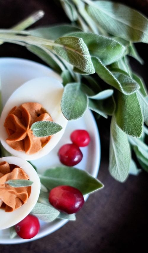 Top-down shot of deviled eggs filled with cranberry-seasoned yolk and garnished with sage