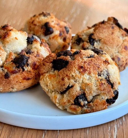 Close up of chocolate chip cottage cheese donut holes