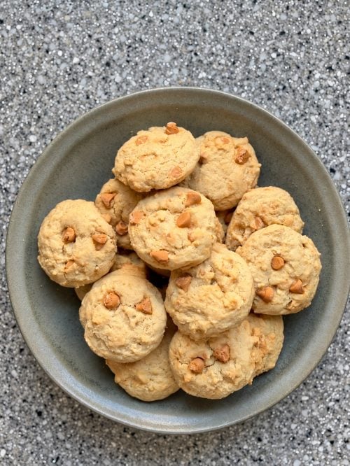 Overhead bowl of Grandma's old-fashioned butterscotch chip cookies