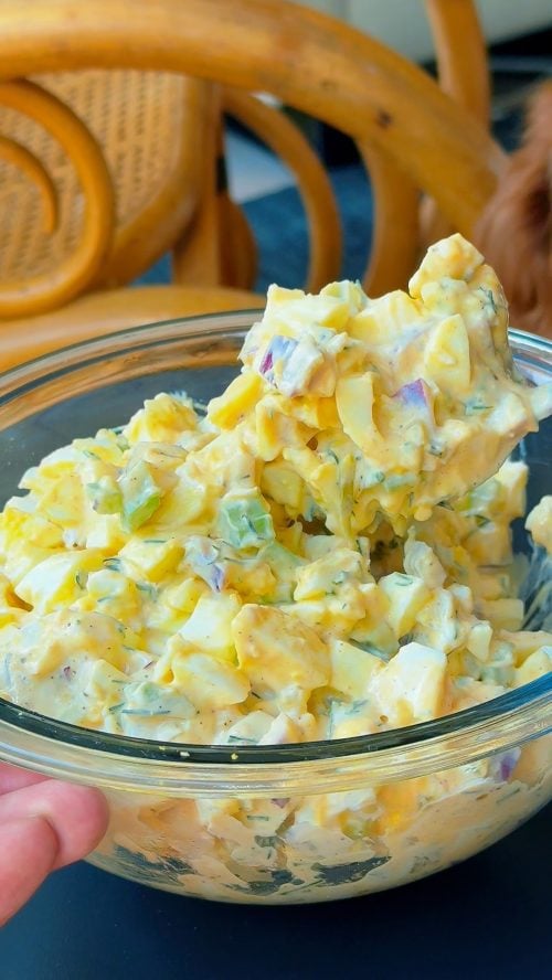 Close up of creamy high protein egg salad in a bowl