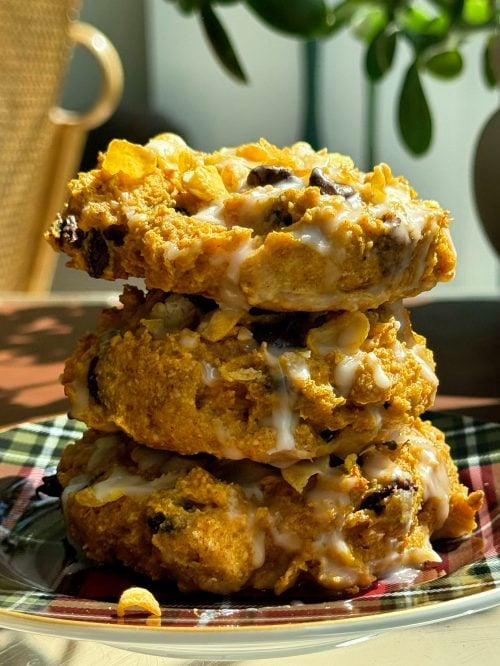 high protein pumpkin corn flake breakfast cookie freshly baked stack