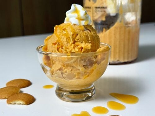 High-protein pumpkin pie Ninja Creami scoop topped with whipped cream and syrup