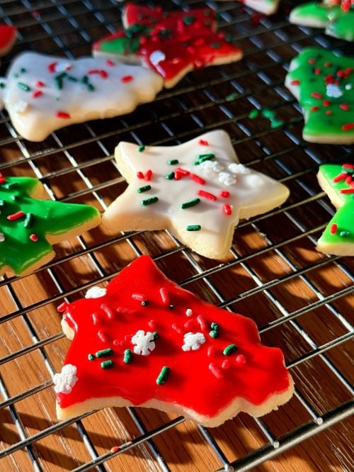 Christmas sour cream cut out cookies with red and green icing