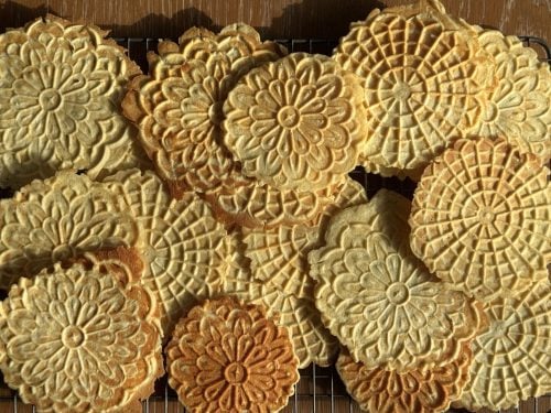 Stacked high protein pizzelle cookies