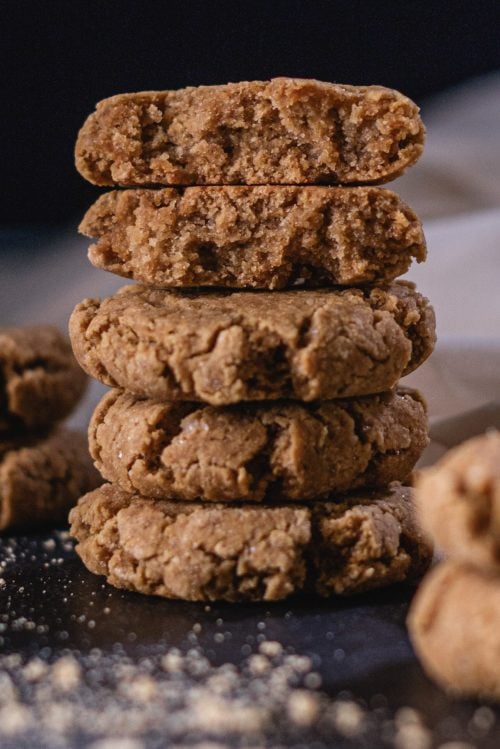Powdered Peanut Butter Protein Cookie stacked close up