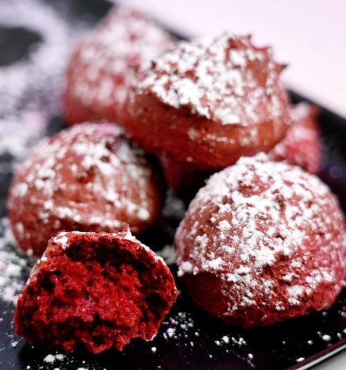 stack of red velvet donut holes