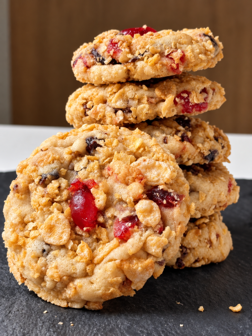 Stack of vintage Cherry Winks cookies with dates, pecans, candied cherries, and crushed corn flake coating.